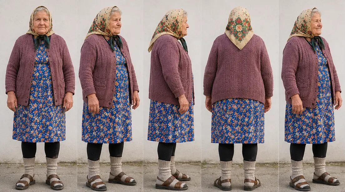 Teta Brigita shown from front, side and back